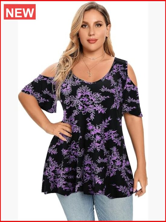 Tops - Plus Size V-Neck Cold Shoulder Short Sleeve Tunic Top Loose Fit